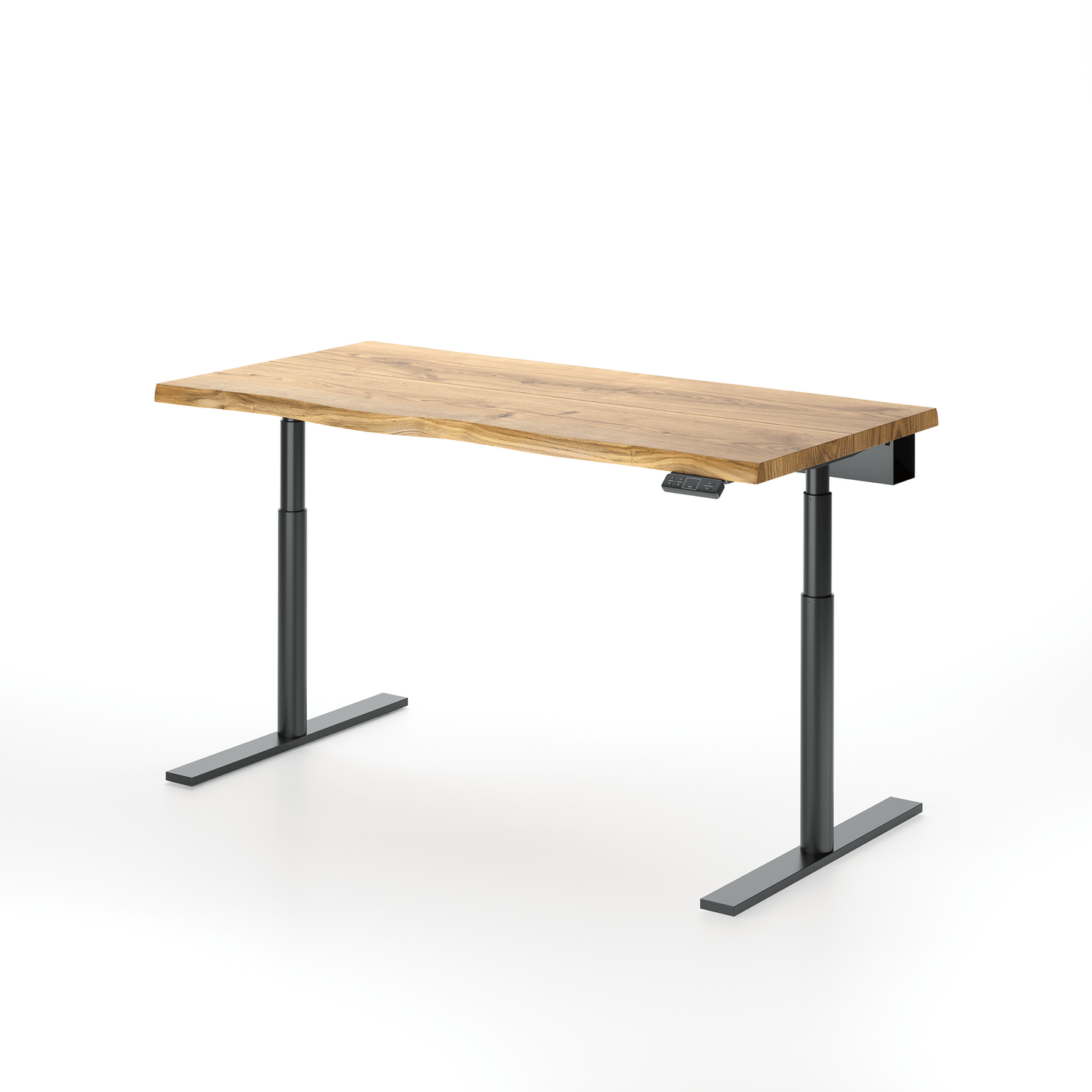 Alive Oak standing desk with black frame and natural wood live edge tabletop.