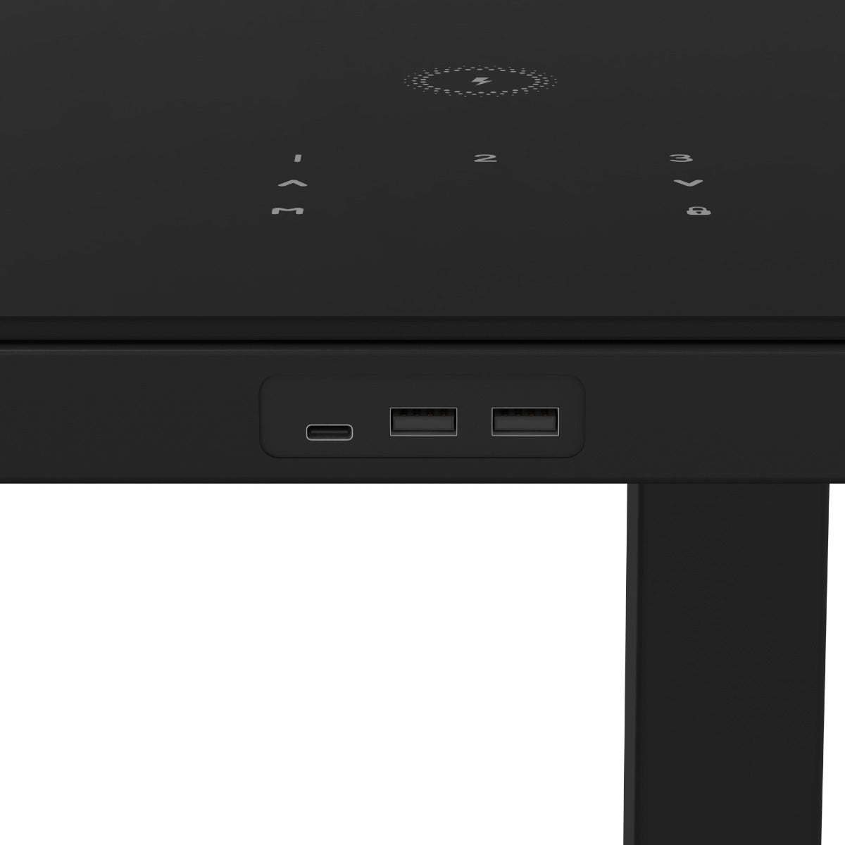 Close-up of a black height-adjustable desk with control buttons and USB ports on a white background