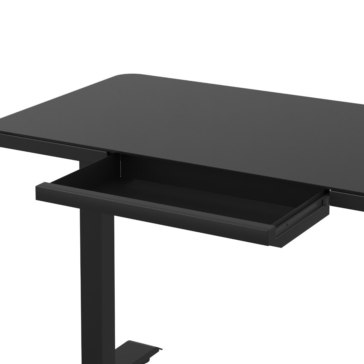 Black height-adjustable desk with a drawer open on a white background