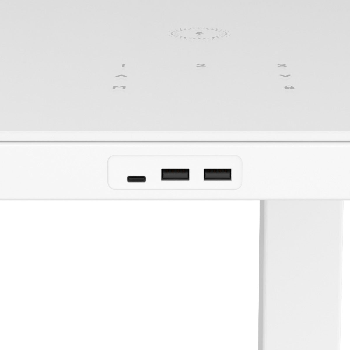 Close-up of a white electronic device with USB ports on a light gray background