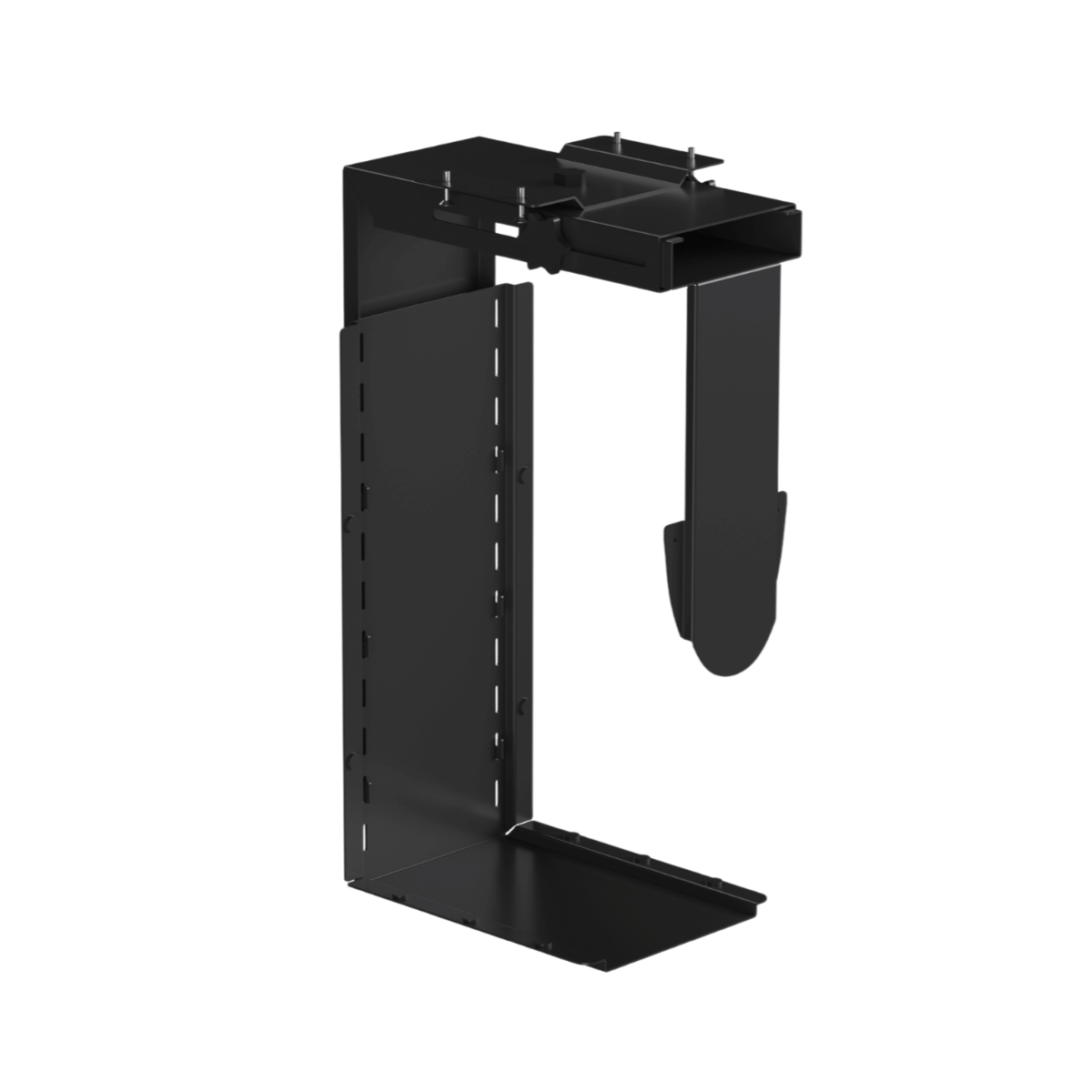 Black metal stand with a hook on a white background