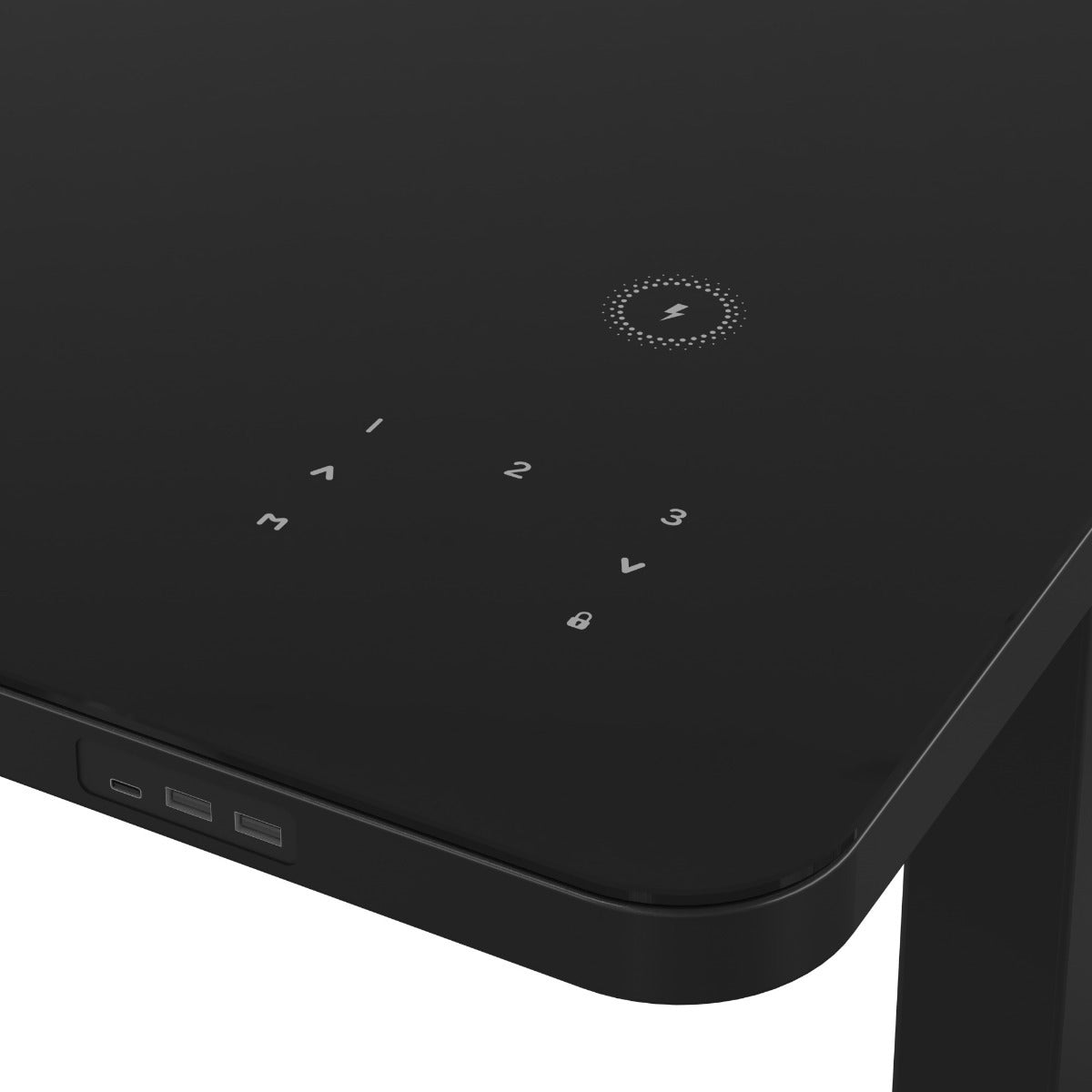 Black electric height-adjustable desk with control buttons on a white background