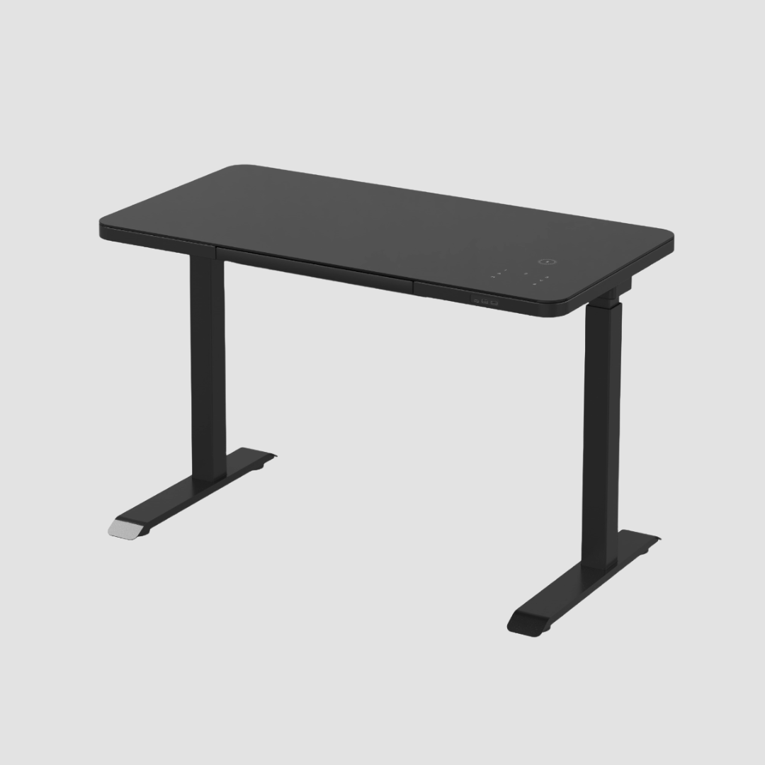 Black adjustable desk on a light gray background