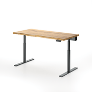 Alive Oak standing desk with black frame and natural wood live edge tabletop.