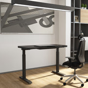 Modern office setup with a black adjustable desk and chair, framed artwork on the wall.